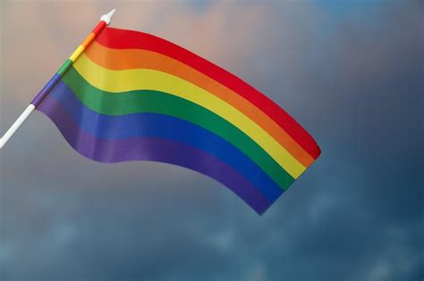 Bandera Lgbt Del Arco Iris Brillante Contra El Cielo Nublado Foto Premium