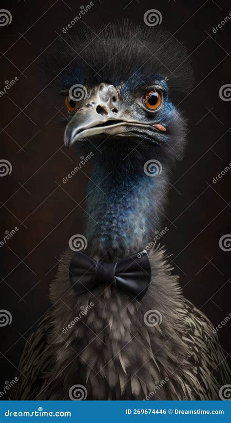 Realistic Portrait Illustration Art Showcasing Cute Emu Wearing Bow Tie