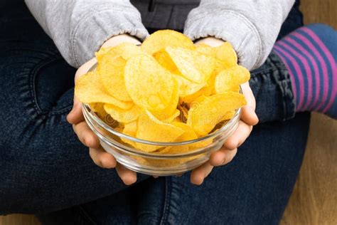 Female Hand Giving Crispy Potato Chips Bowl Stock Image Image Of