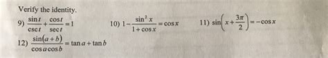 Solved Verify The Identity 9 Sint Cost 1 Cset Sect Chegg