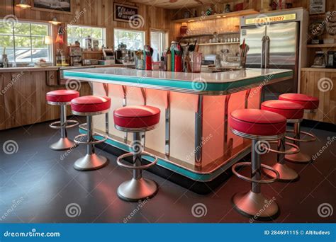 Vintage Diner Counter With Stools And Neon Sign Stock Illustration