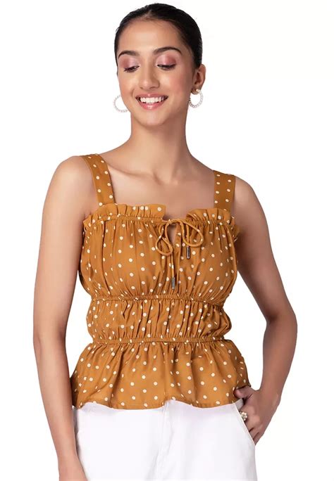Buy Faballey Mustard Yellow Polka Dot Strappy Peplum Blouse 2025 Online