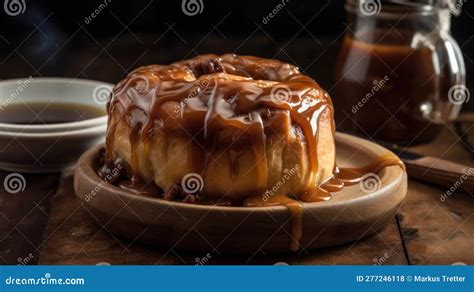 A Warm And Gooey Cinnamon Roll With A Drizzle Of Caramel Sauce Created