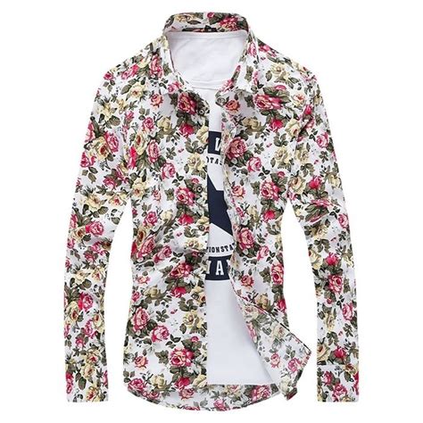 Kaka Tm Men Spring Autumn Long Sleeve Print Flower Slim Casual Shirt L