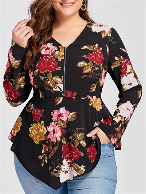 [37 Off] Plus Size Asymmetric Half Zipper Floral Long Sleeve Blouse