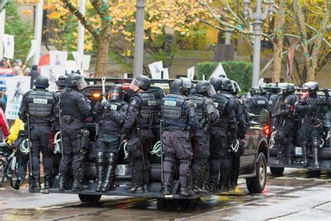 Riot Police On Vehicle To Control Occupy Portland Protest Crowd