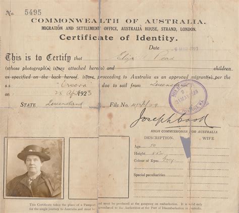 Original Commonwealth Of Australia Identity Card For Immigrants 1923