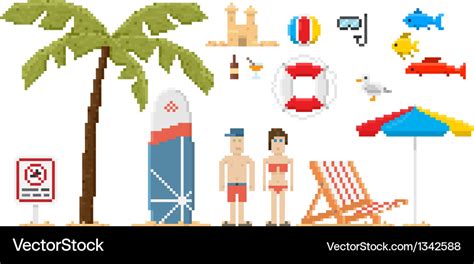 Pixel Art Style Beach Set Royalty Free Vector Image