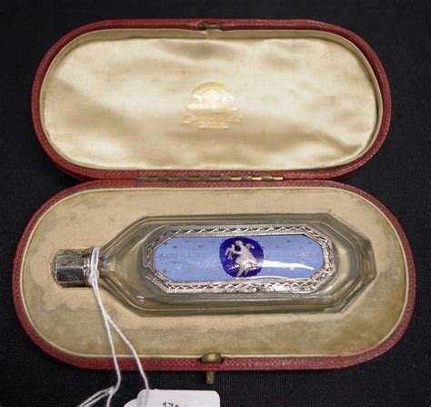 French Silver Scent Bottle With Enamel Panel And Case Scent Bottles