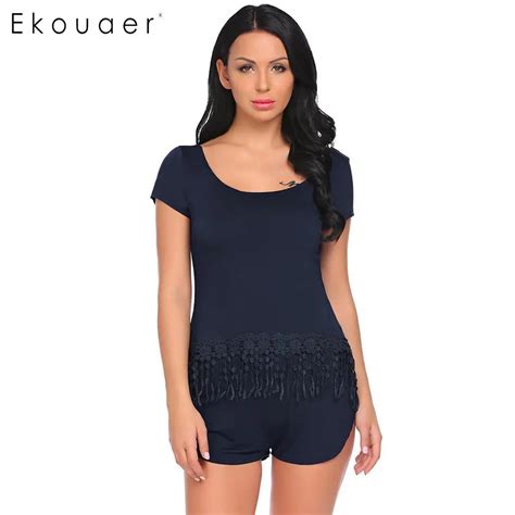 Ekouaer Women Sleepwear Pajamas Set Backless Short Sleeve Lace Trim T