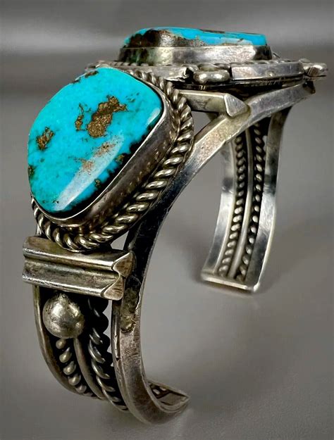 Large Vintage Navajo Sterling Silver Morenci Turquoise Cuff Bracelet EBay