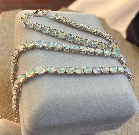 Opal Tennis Bracelet Natural Gemstone Sterling Silver Adjustable