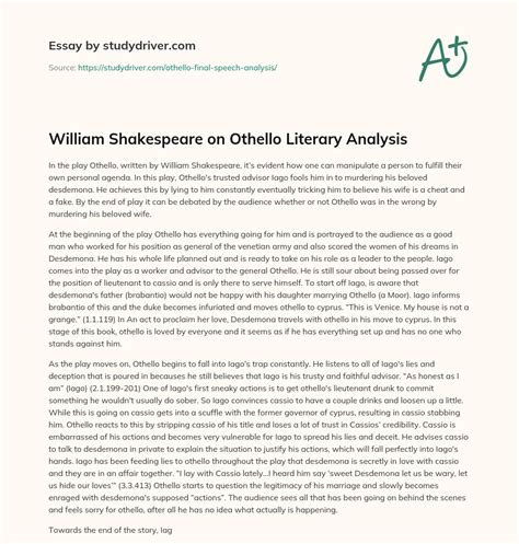 William Shakespeare On Othello Literary Analysis Free Essay Example