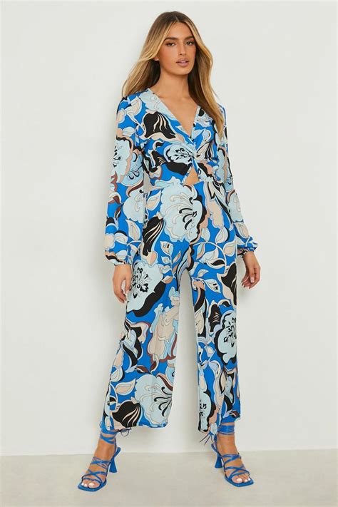 Printed Twist Front Culotte Jumpsuit Boohoo Uk