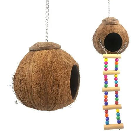 Natural Coconut Shell Bird Nest House Hut Cage Feeder Pet Parrot With