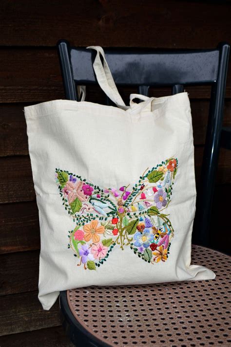 Butterfly Embroidered Tote Bag Embroidery Totebag Cotton Eco Tote Bag Calico Shopping Bag S