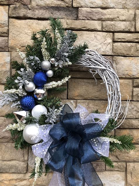 Large Navy Silver Icy Blue Holiday Wreath White Navy Holiday Etsy Christmas Tree Decorations