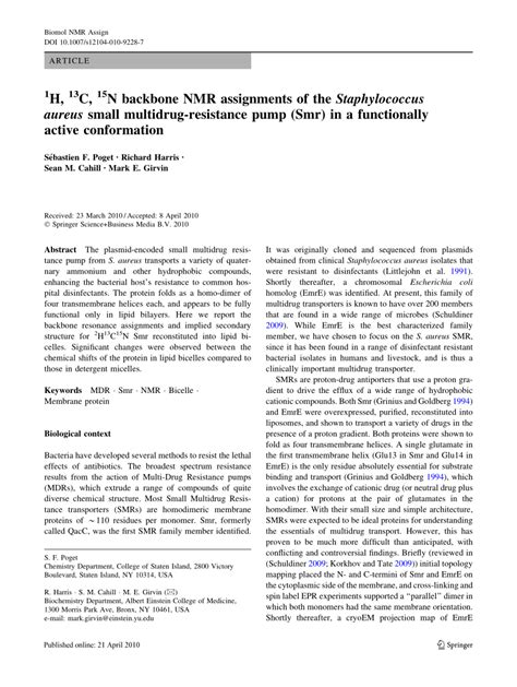 Pdf H 1 C 13 N 15 Backbone Nmr Assignments Of The Staphylococcus Aureus Small Multidrug