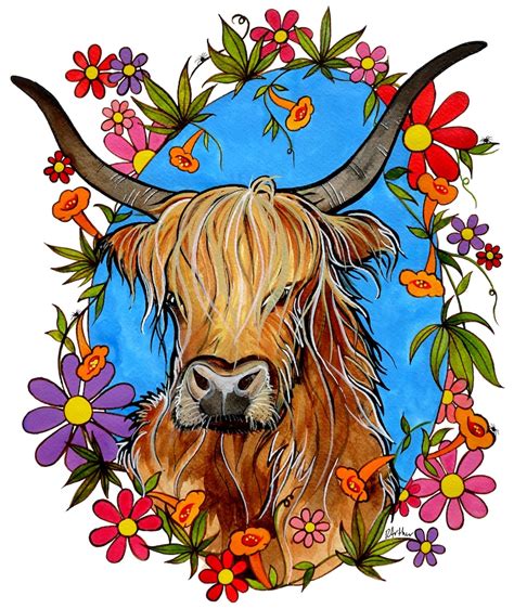 Highland Cow Art By Robiniart Shaggy Cow With Flowers And Etsy