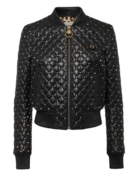 Philipp Plein Womens Bomber Studded Leather Jacket Leather Guys