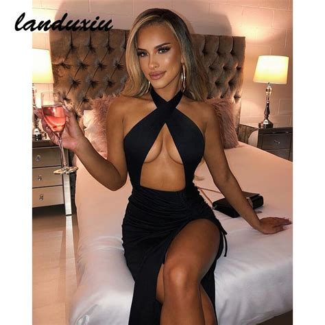 Landuxiu Halter Drawstring Sexy Bodycon Bandage Dress Women 2022 Summer