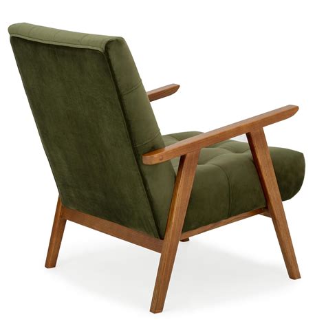 Arkin Velvet Wooden Frame Accent Chair Moss Green Mid Century