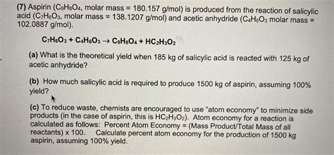 Solved Aspirin C H O Molar Mass G Mol Is Chegg