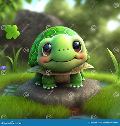 Kawaii Cute Smiling Turtle On The Rock Stock Illustration