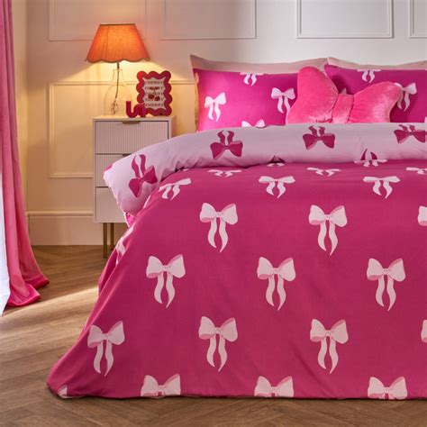 OHS Bow Print Reversible Duvet Cover Set Pink Hot Pink