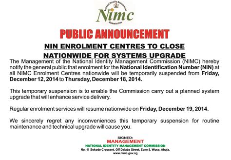 Nin Enrolment Centres To Close Nationwide For Systems Upgrade