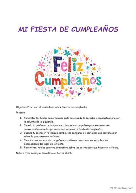 Mi fiesta de cumpleaños English ESL worksheets pdf doc