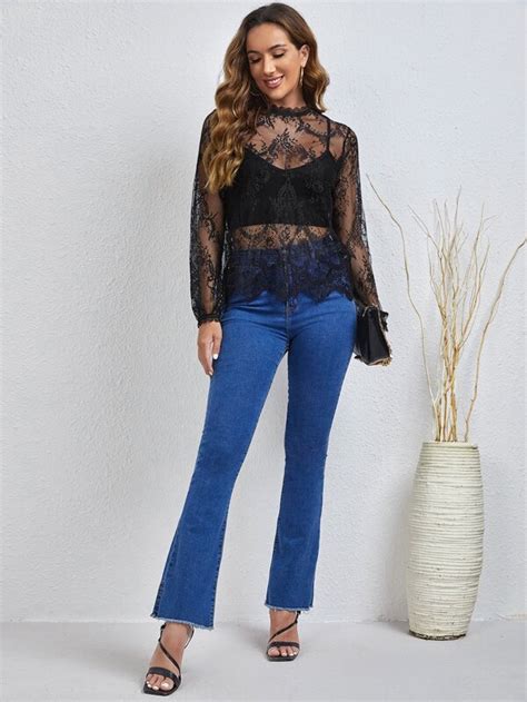 Shein Privé Mock Neck Lace Blouse Without Bra Shein Usa