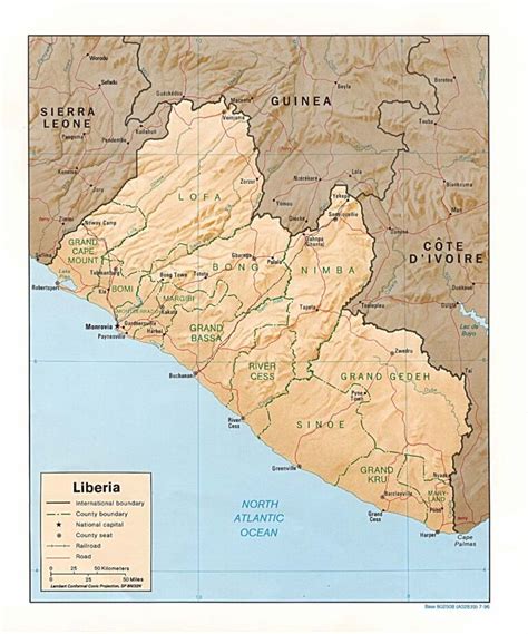 Mapa físico y político de Liberia 1996 Mapas Milhaud