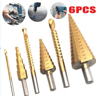 6Pcs Gerudi Step Drill Bit Titanium Coated HSS Drill Bit Universal Hole