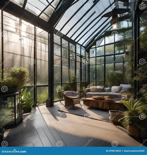 A Contemporary Greenhouse Conservatory with Glass Walls, Hanging Plants, and Modern Seating2 ...