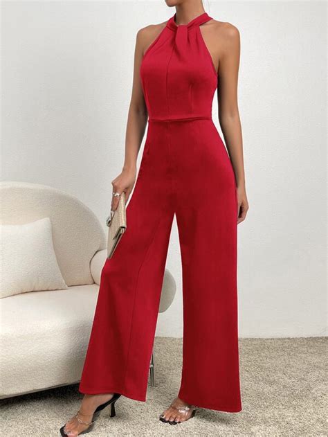 Shein Privé Solid Wide Leg Halter Jumpsuit Shein Usa