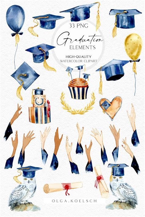 Graduation Clipart Watercolor Graduation Clip Art Grad Cap Etsy Uk