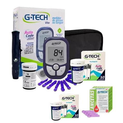 Kit Completo Medidor De Glicose Glicemia Gtech 110 Tiras 100 Lancetas