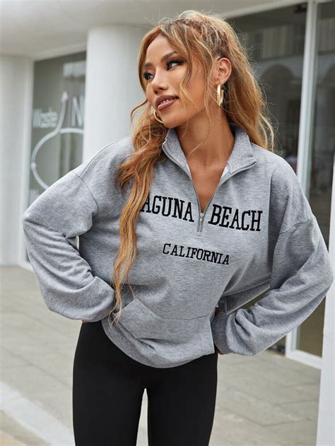 SHEIN Letter Embroidery Half Zip Drop Shoulder Sweatshirt Dropped