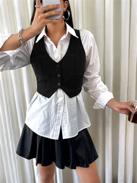 Black Casual Collar Sleeveless Fabric Plain Vest Embellished Non Stretch Women Suits Black Vest