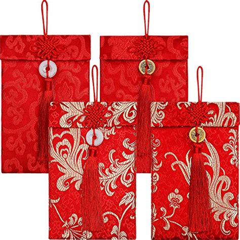 Tecunite 4 Pieces Chinese Element Festive Silk Red Envelopes T Card