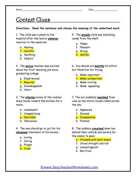 Context Clue Worksheets Answer Name Date