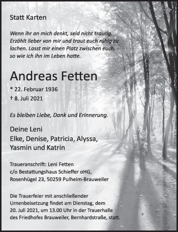 Traueranzeigen Von Andreas Fetten WirTrauern