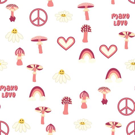 Love heart, peace symbol, rainbow retro 70s seamless pattern. Scattered