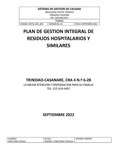 Plan De Gestion Integral De Residuos Hospitalarios Y Similares