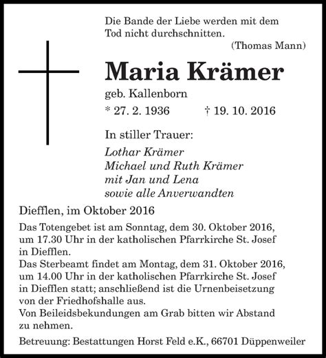 Traueranzeigen Von Maria Kr Mer Saarbruecker Zeitung Trauer De