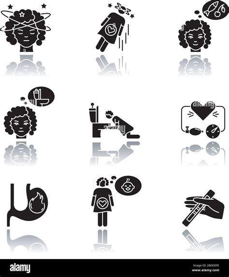 Early Pregnancy Symptom Drop Shadow Black Glyph Icons Set Feeling Of