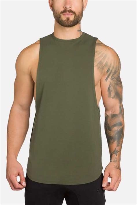 Army Green Curved Hem Sport Tank Top In 2021 Gym Tank Tops Men