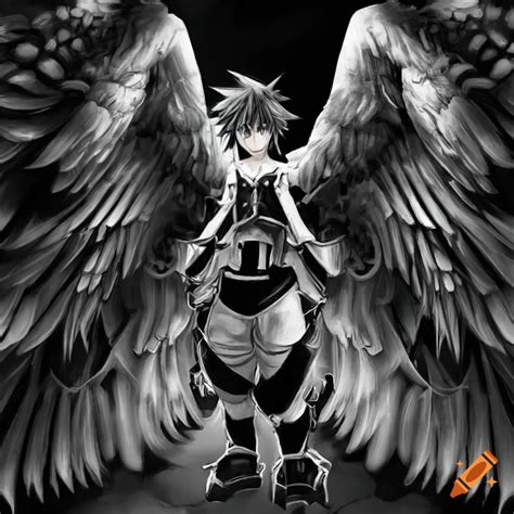 Black And White Anime Art Of Sora With Wings On Craiyon