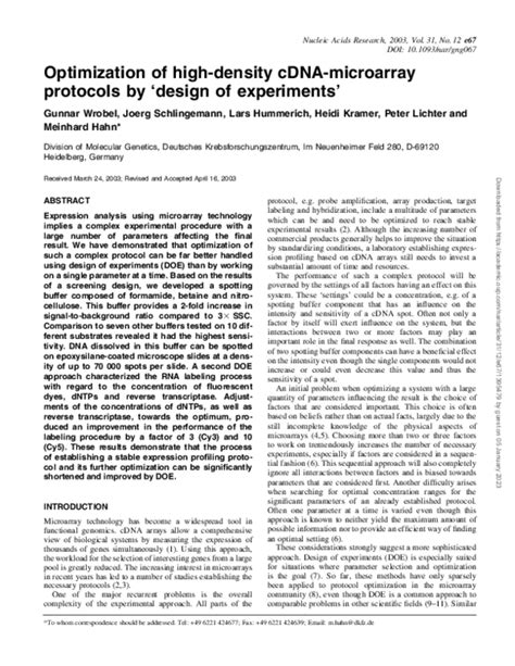 Pdf Optimization Of High Density Cdna Microarray Protocols By Design